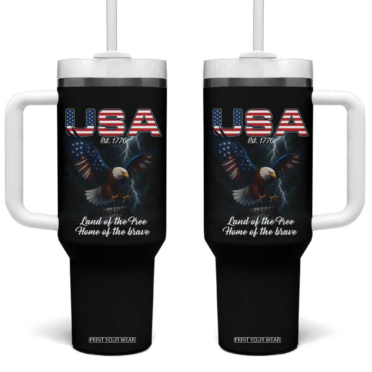 Bold Patriotic American Eagle Tumbler With Handle Land of the Free Home of the Brave Est 1776 TS02 One Size: 40 oz Black Print Your Wear