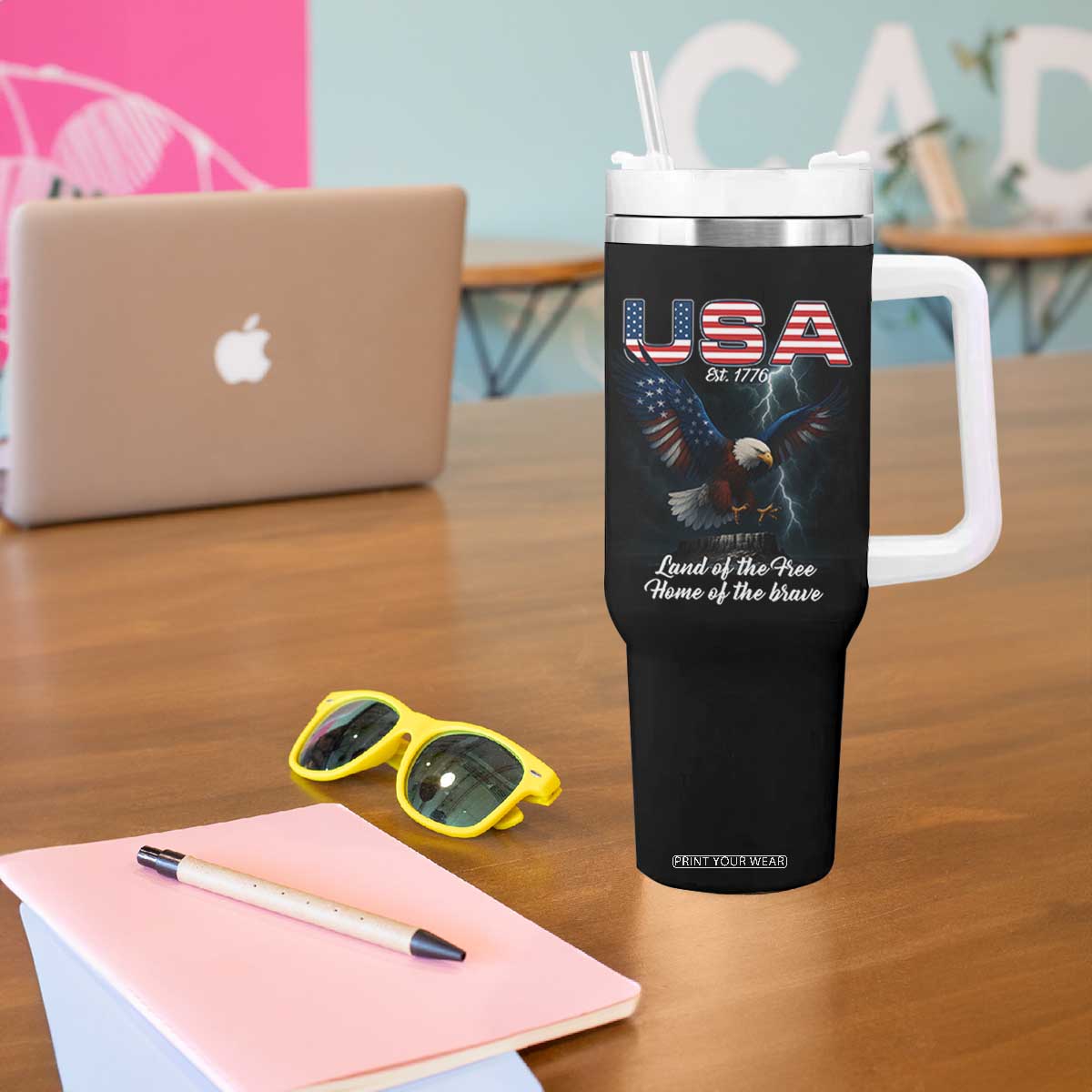 Bold Patriotic American Eagle Tumbler With Handle Land of the Free Home of the Brave Est 1776 TS02 Print Your Wear