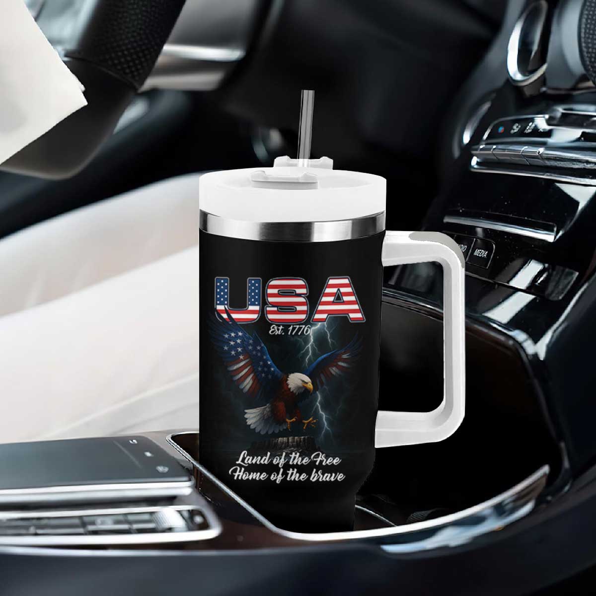 Bold Patriotic American Eagle Tumbler With Handle Land of the Free Home of the Brave Est 1776 TS02 Print Your Wear