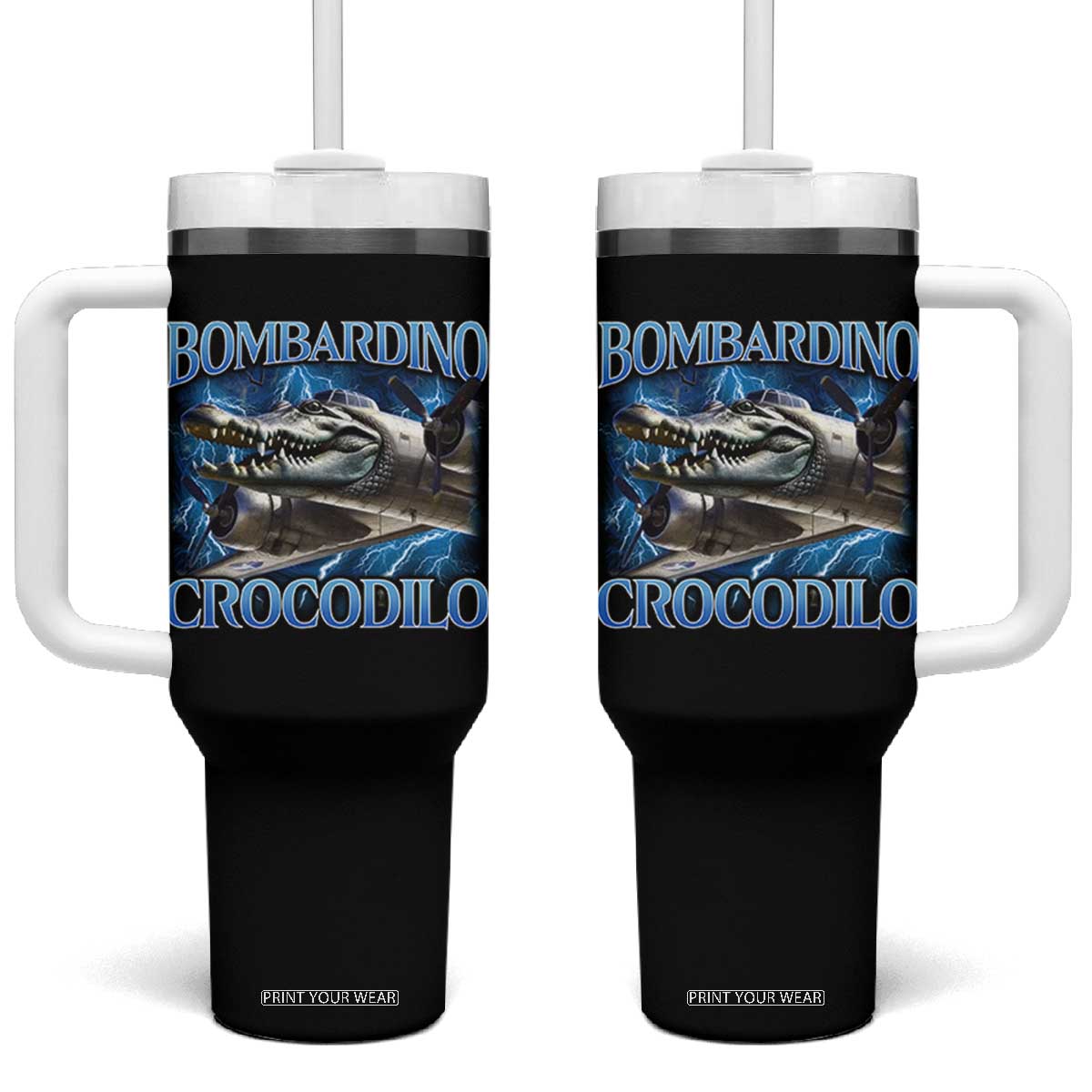 Bombardino Crocodilo Tumbler With Handle Internet Memes Italian Brainrot TS10 One Size: 40 oz Black Print Your Wear