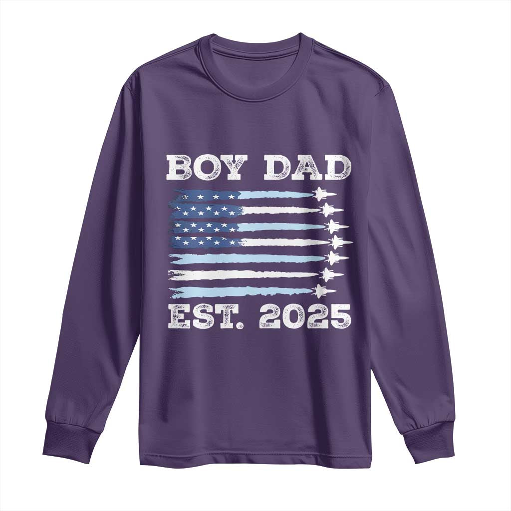 Boy Dad Est 2025 Long Sleeve Shirt Daddy Of Newborn Baby Boy First Fathers Day USA Flag Fighter Jets TS10 Purple Print Your Wear