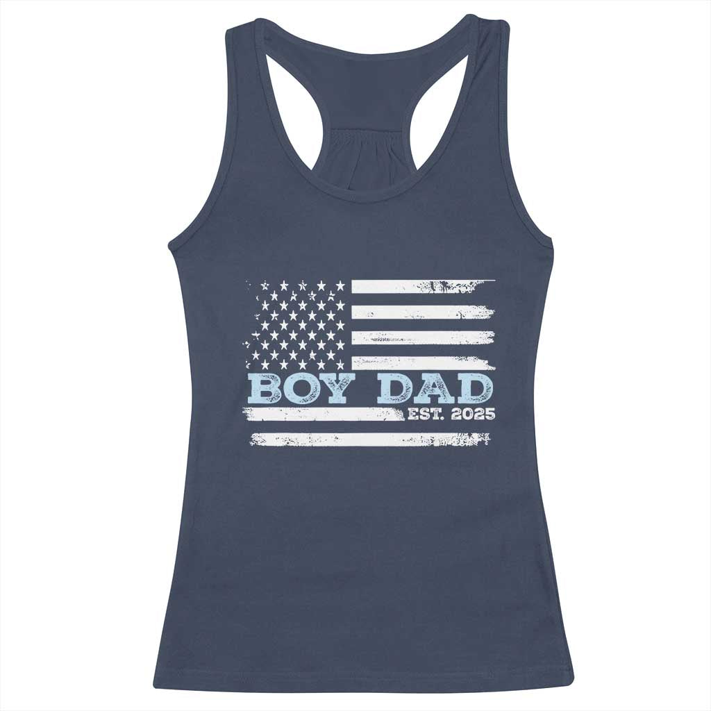 Boy Dad Est 2025 Racerback Tank Top Newborn Daddy Father Baby Boy Son USA Flag TS10 Navy Print Your Wear