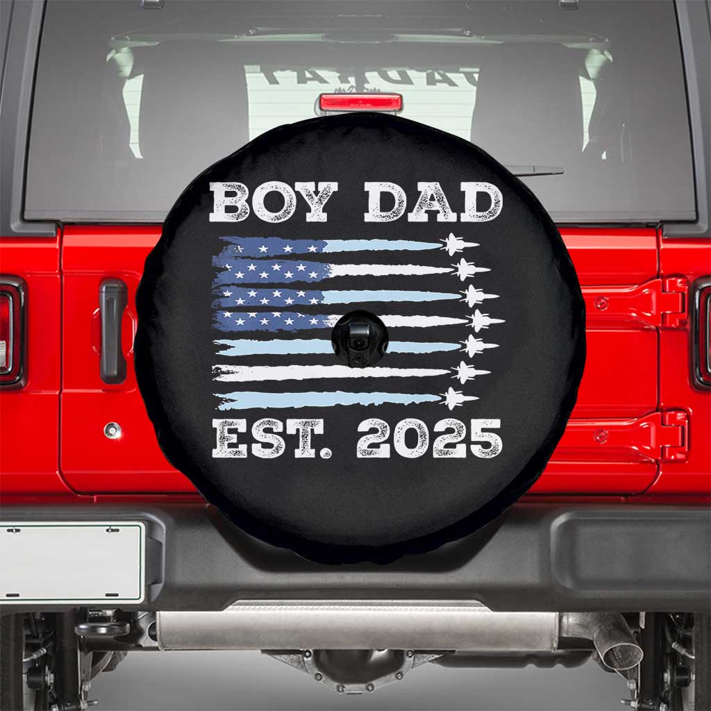Boy Dad Est 2025 Spare Tire Cover Daddy Of Newborn Baby Boy First Fathers Day USA Flag Fighter Jets TS10 Black Print Your Wear