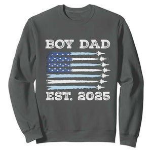 Boy Dad Est 2025 Sweatshirt Daddy Of Newborn Baby Boy First Fathers Day USA Flag Fighter Jets TS10 Dark Heather Print Your Wear