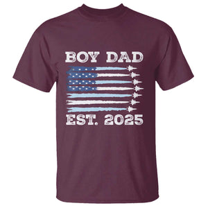 Boy Dad Est 2025 T Shirt Daddy Of Newborn Baby Boy First Fathers Day USA Flag Fighter Jets TS10 Maroon Print Your Wear