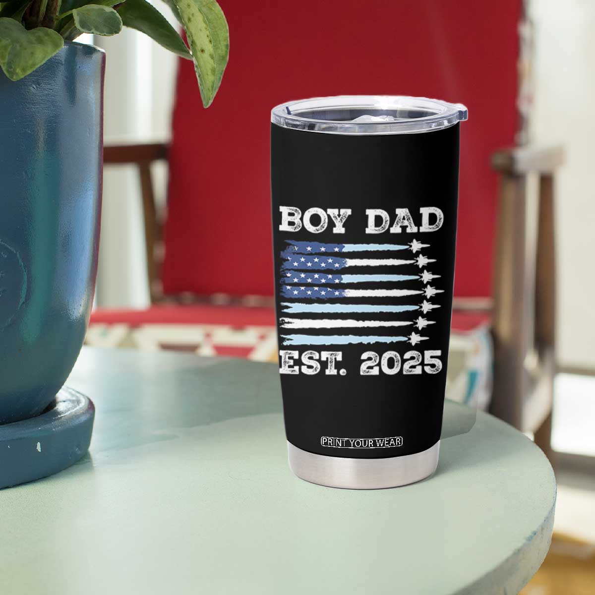 Boy Dad Est 2025 Tumbler Cup Newborn Daddy Father Baby Boy Son USA Flag Fighter Jets TS10 Print Your Wear