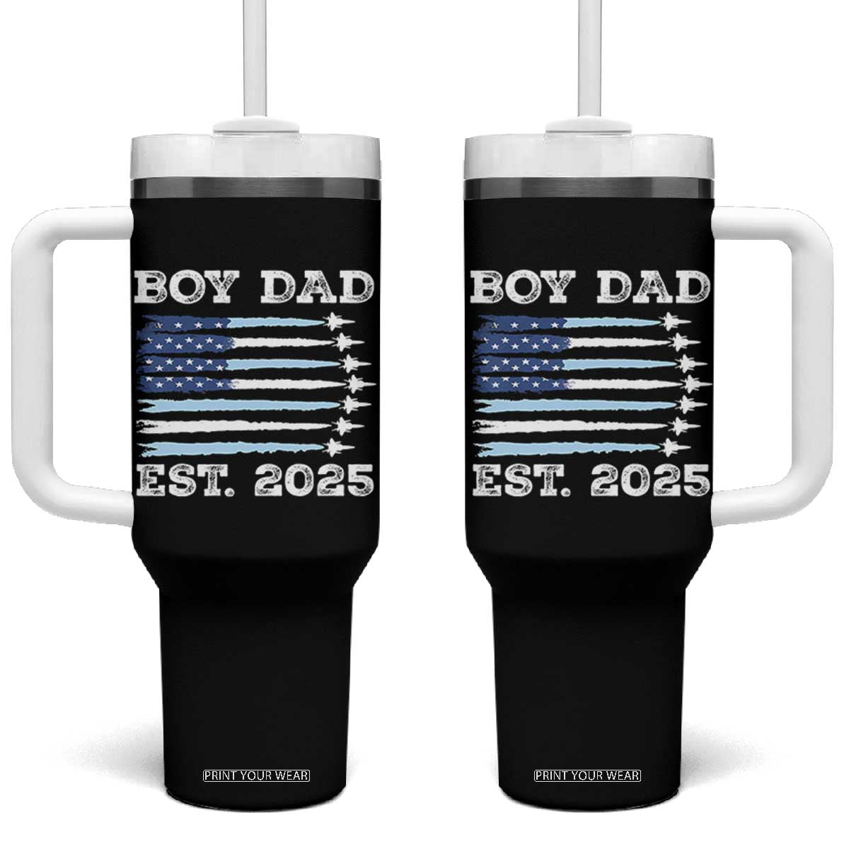 Boy Dad Est 2025 Tumbler With Handle Newborn Daddy Father Baby Boy Son USA Flag Fighter Jets TS10 One Size: 40 oz Black Print Your Wear