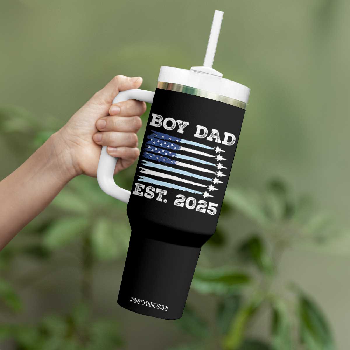 Boy Dad Est 2025 Tumbler With Handle Newborn Daddy Father Baby Boy Son USA Flag Fighter Jets TS10 Print Your Wear