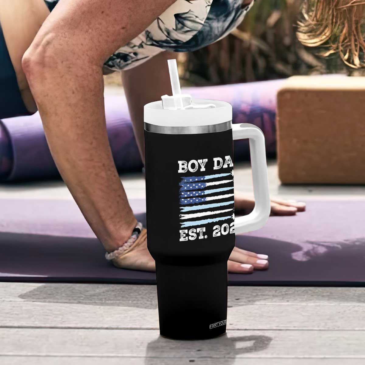 Boy Dad Est 2025 Tumbler With Handle Newborn Daddy Father Baby Boy Son USA Flag Fighter Jets TS10 Print Your Wear
