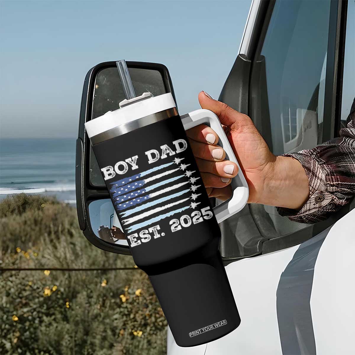 Boy Dad Est 2025 Tumbler With Handle Newborn Daddy Father Baby Boy Son USA Flag Fighter Jets TS10 Print Your Wear