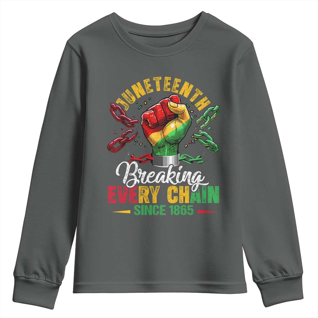 Breaking Every Chain Since 1865 Juneteenth Youth Sweatshirt Celebrating Black Freedom TS10 Dark Heather Print Your Wear