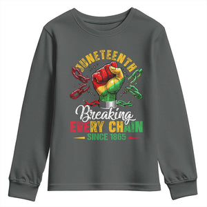 Breaking Every Chain Since 1865 Juneteenth Youth Sweatshirt Celebrating Black Freedom TS10 Dark Heather Print Your Wear