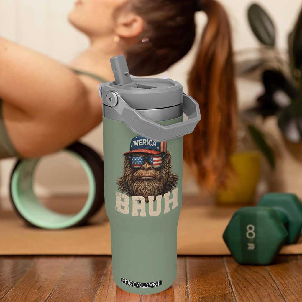 Bruh Bigfoot Merica Flip Straw Tumbler American Flag Patriotic 4th Of July TS10 One Size: 30 oz Moss Green Print Your Wear