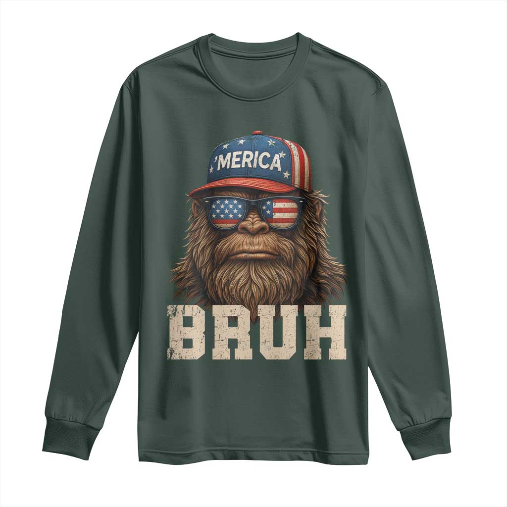 Bruh Bigfoot Merica Long Sleeve Shirt American Flag Patriotic 4th Of July TS10 Dark Forest Green Print Your Wear