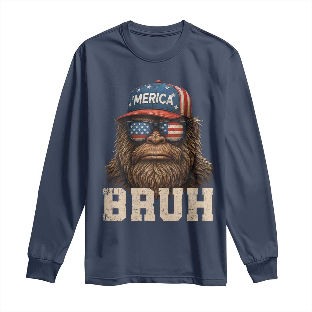 Bruh Bigfoot Merica Long Sleeve Shirt American Flag Patriotic 4th Of July TS10 Navy Print Your Wear