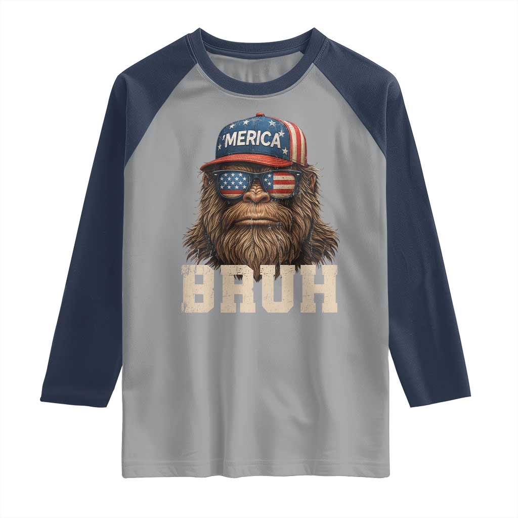Bruh Bigfoot Merica Raglan Shirt American Flag Patriotic 4th Of July TS10 Sport Gray Navy Print Your Wear