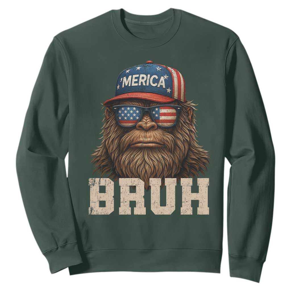 Bruh Bigfoot Merica Sweatshirt American Flag Patriotic 4th Of July TS10 Dark Forest Green Print Your Wear