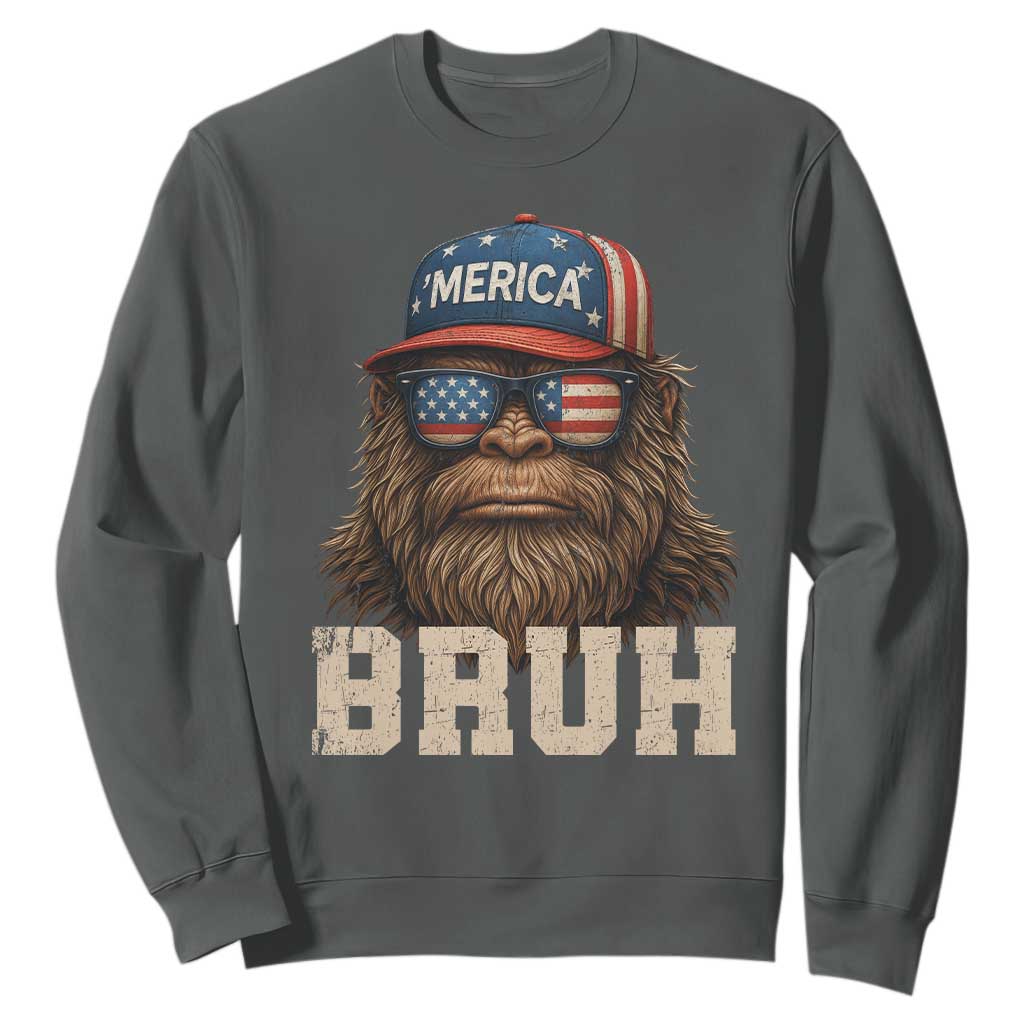 Bruh Bigfoot Merica Sweatshirt American Flag Patriotic 4th Of July TS10 Dark Heather Print Your Wear