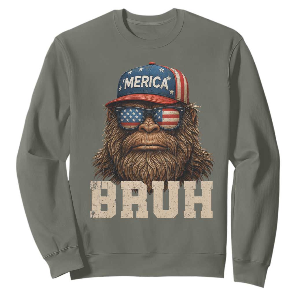 Bruh Bigfoot Merica Sweatshirt American Flag Patriotic 4th Of July TS10 Military Green Print Your Wear