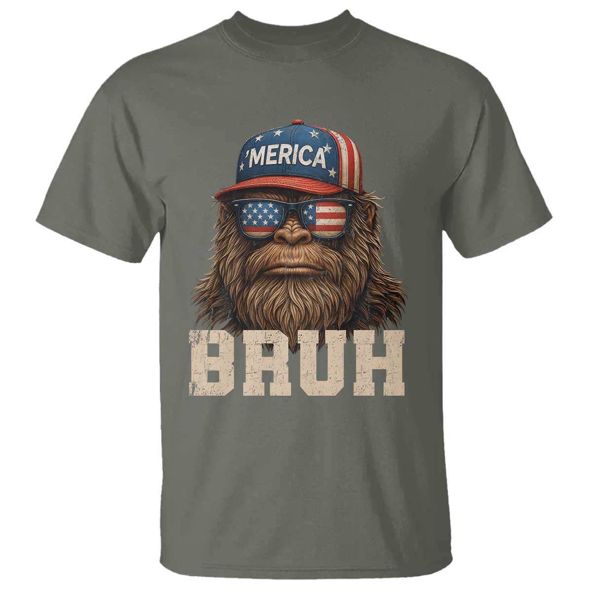 Bruh Bigfoot Merica T Shirt American Flag Patriotic 4th Of July TS10 Military Green Print Your Wear