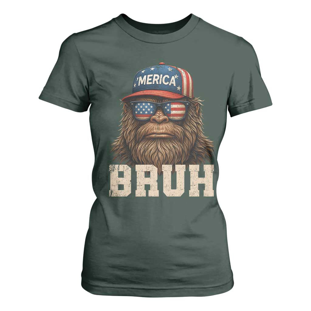 Bruh Bigfoot Merica T Shirt For Women American Flag Patriotic 4th Of July TS10 Dark Forest Green Print Your Wear