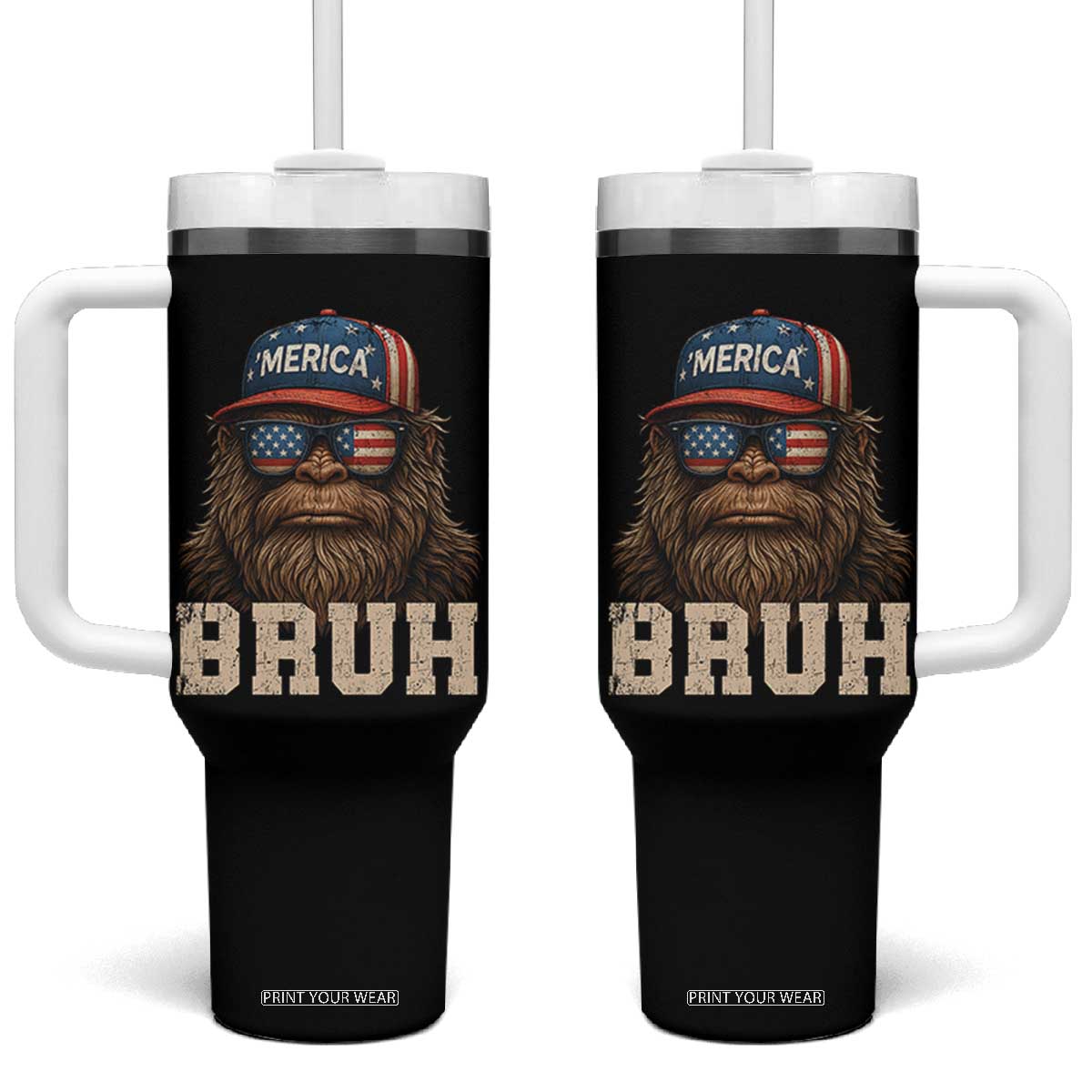 Bruh Bigfoot Merica Tumbler With Handle American Flag Patriotic 4th Of July TS10 One Size: 40 oz Black Print Your Wear