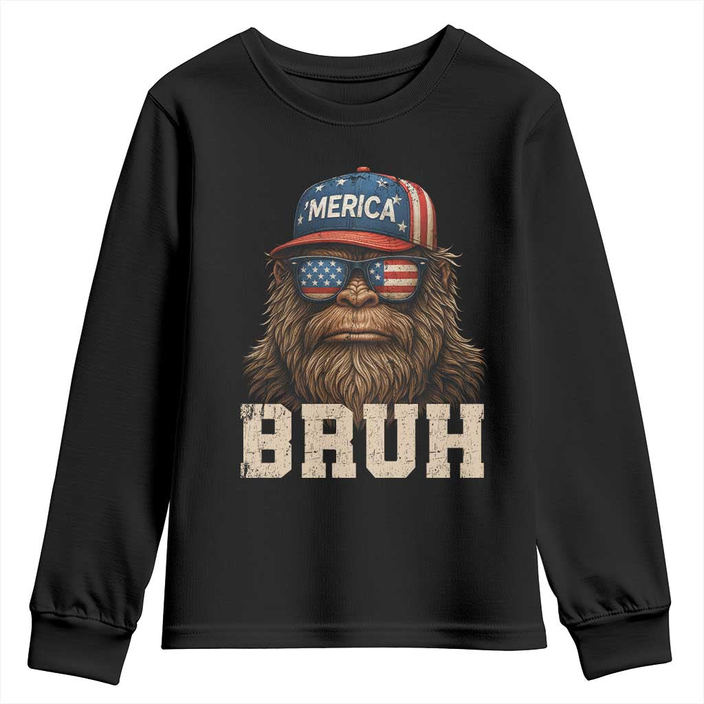 Bruh Bigfoot Merica Youth Sweatshirt American Flag Patriotic 4th Of July TS10 Black Print Your Wear