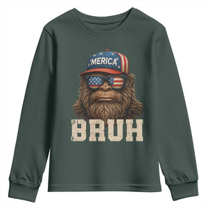 Bruh Bigfoot Merica Youth Sweatshirt American Flag Patriotic 4th Of July TS10 Dark Forest Green Print Your Wear