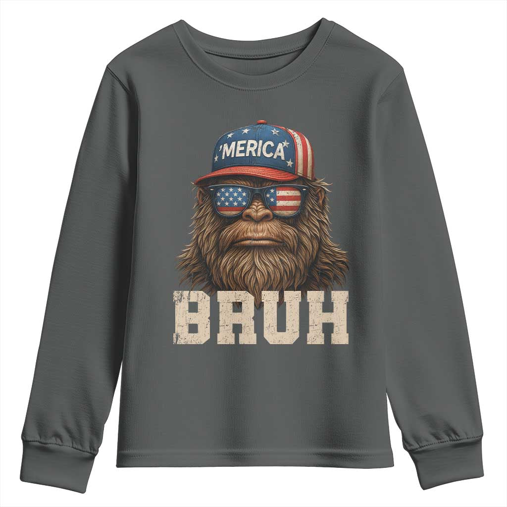 Bruh Bigfoot Merica Youth Sweatshirt American Flag Patriotic 4th Of July TS10 Dark Heather Print Your Wear