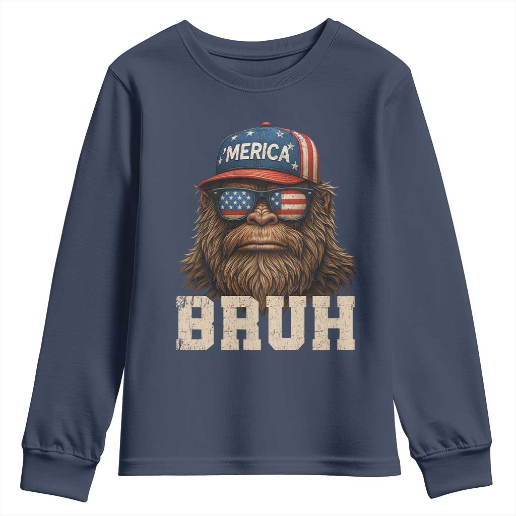 Bruh Bigfoot Merica Youth Sweatshirt American Flag Patriotic 4th Of July TS10 Navy Print Your Wear
