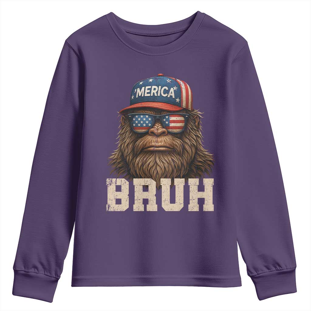 Bruh Bigfoot Merica Youth Sweatshirt American Flag Patriotic 4th Of July TS10 Purple Print Your Wear
