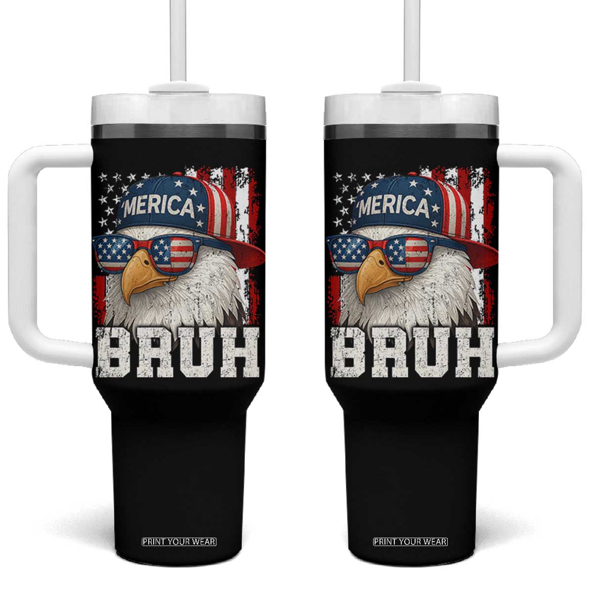 Bruh 'Merica Bald Eagle 4th of July Tumbler With Handle Patriotic USA Flag TS10 One Size: 40 oz Black Print Your Wear