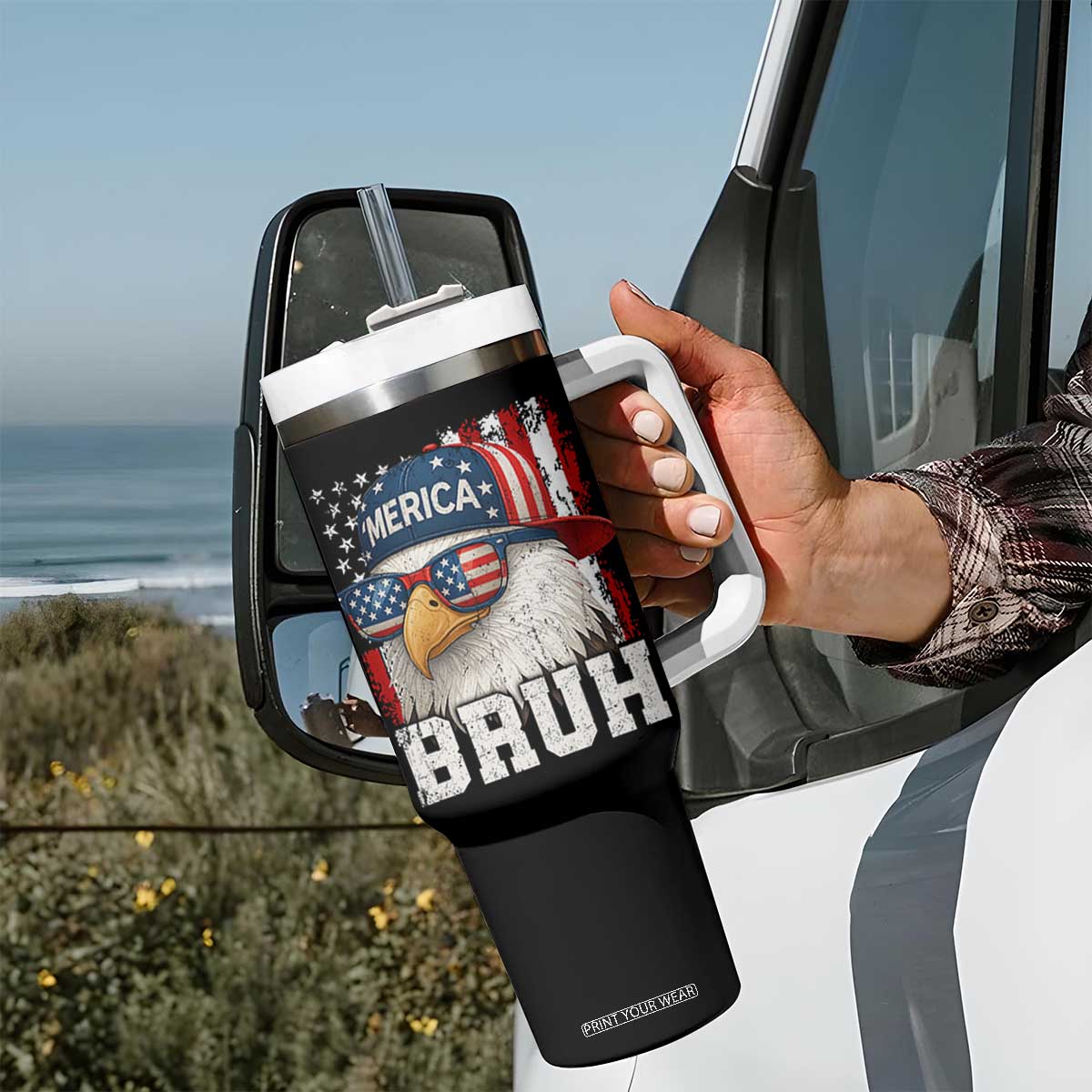 Bruh 'Merica Bald Eagle 4th of July Tumbler With Handle Patriotic USA Flag TS10 Print Your Wear