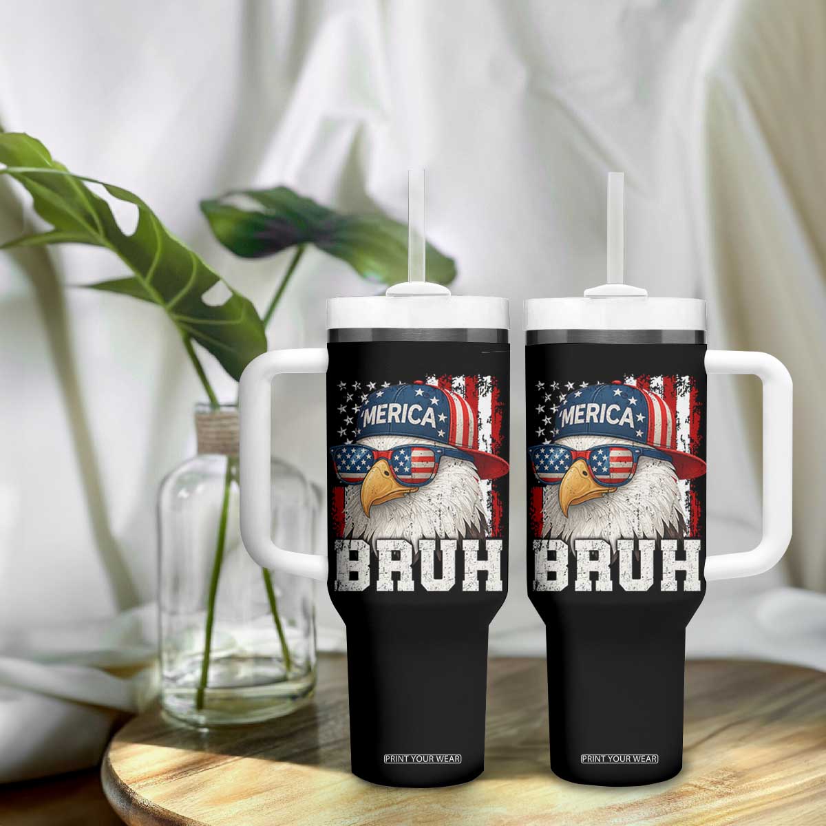 Bruh 'Merica Bald Eagle 4th of July Tumbler With Handle Patriotic USA Flag TS10 Print Your Wear