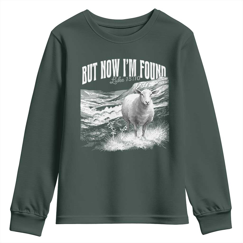But Now I'm Found Youth Sweatshirt Christian Faith Sheep TS11 Dark Forest Green Print Your Wear