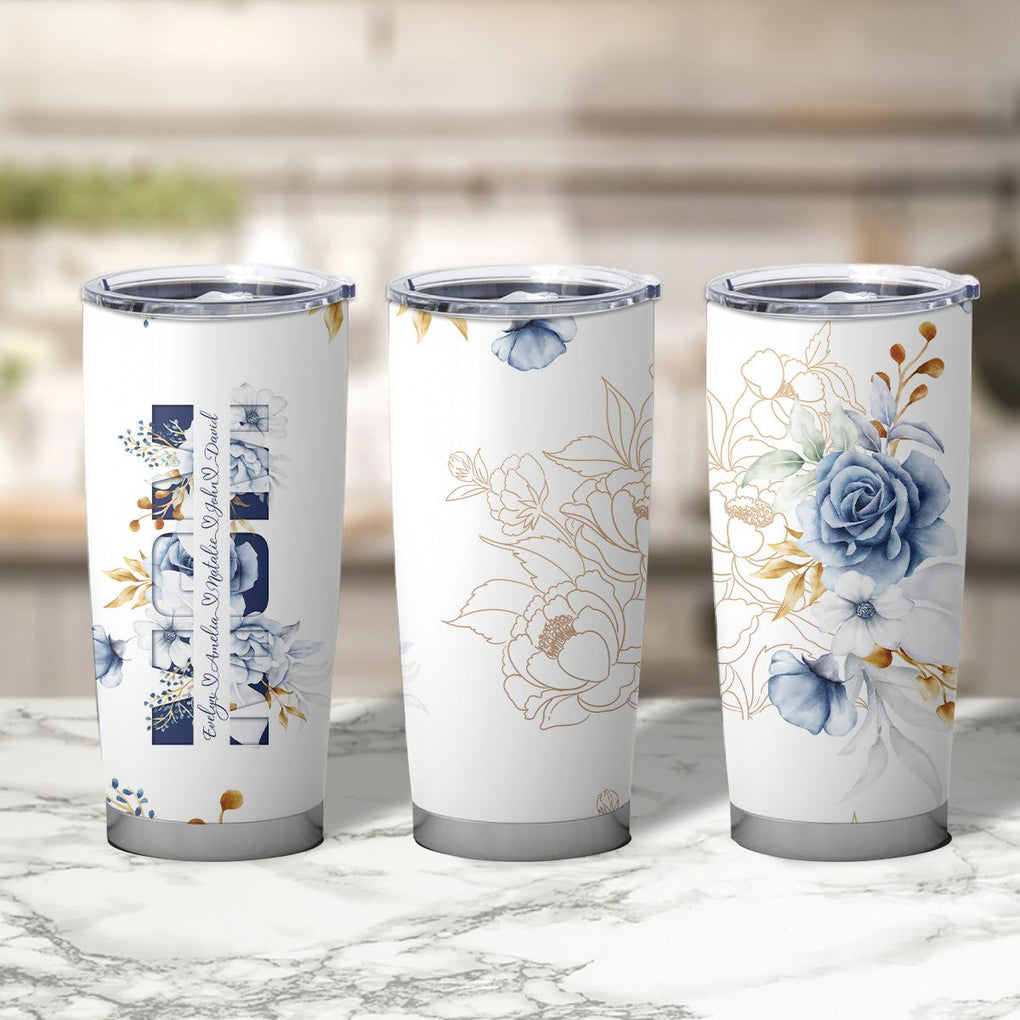 Personalized Tumbler Cup with Name Text, Custom Tumblers Mother's Day Gift Blue Floral Mom's Kids CTM02 Printyourwear