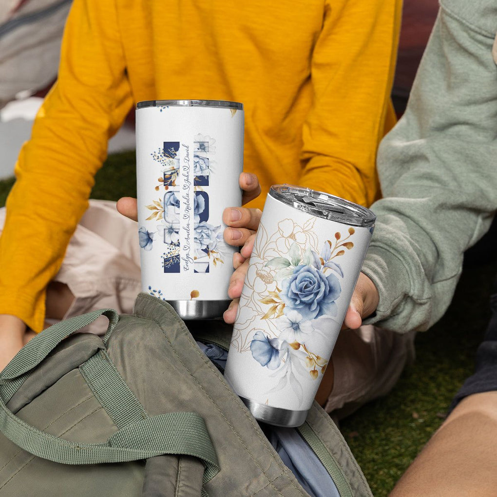 Personalized Tumbler Cup with Name Text, Custom Tumblers Mother's Day Gift Blue Floral Mom's Kids CTM02 Printyourwear