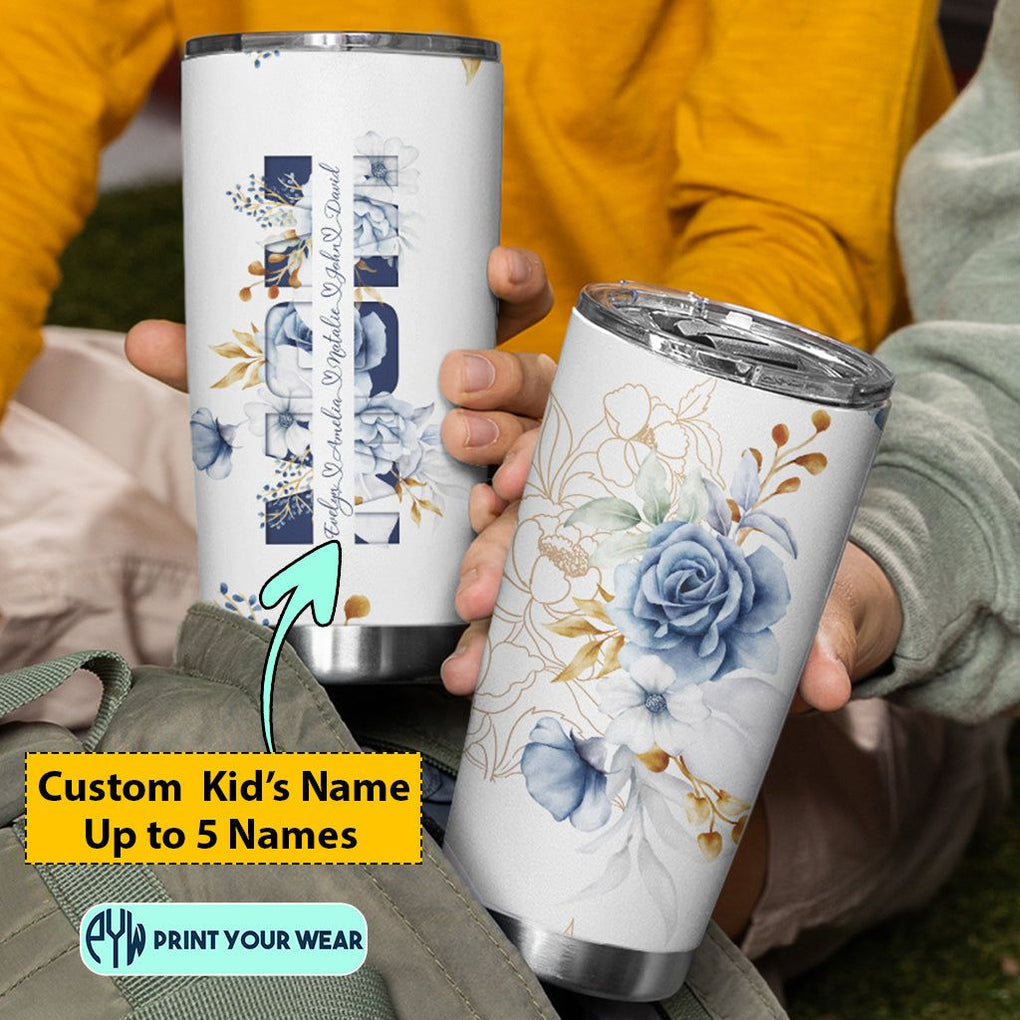 Personalized Tumbler Cup with Name Text, Custom Tumblers Mother's Day Gift Blue Floral Mom's Kids CTM02 Printyourwear