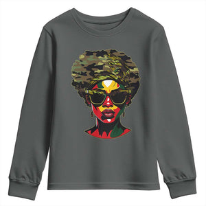 Camo African American Women Juneteenth Celebrating Black Freedom Day Youth Sweatshirt TS11 Dark Heather Print Your Wear