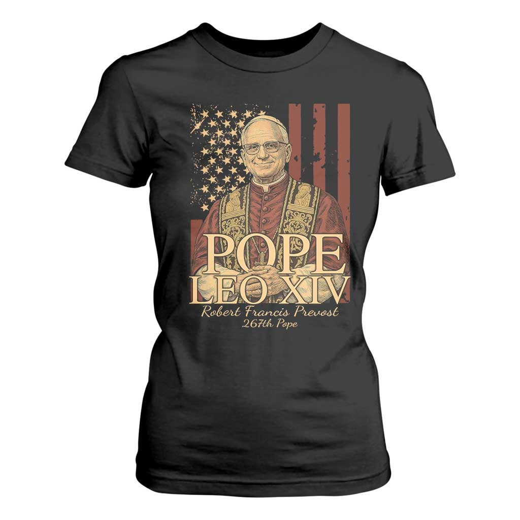 Cardinal Pope Leo XIV T Shirt For Women 267th Robert Francis Prevost American Flag TS11 Black Print Your Wear