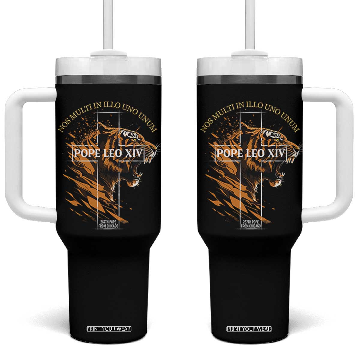 Cardinal Pope Leo XIV Tumbler With Handle Nos Multi In Illo Uno Unum 267th Pope From Chicago Tiger TS11 One Size: 40 oz Black Print Your Wear