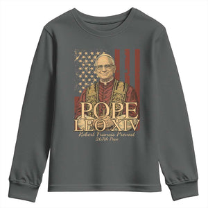 Cardinal Pope Leo XIV Youth Sweatshirt 267th Robert Francis Prevost American Flag TS11 Dark Heather Print Your Wear
