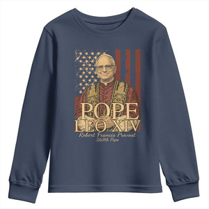Cardinal Pope Leo XIV Youth Sweatshirt 267th Robert Francis Prevost American Flag TS11 Navy Print Your Wear