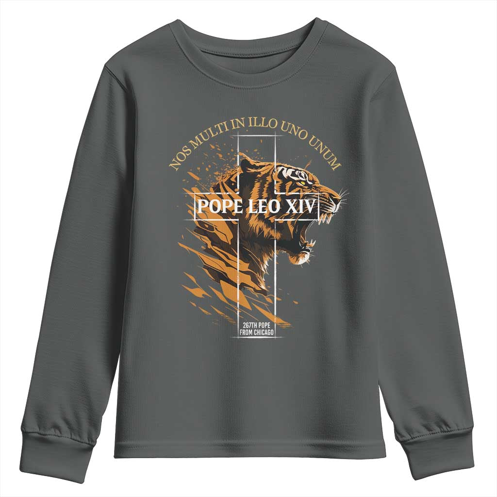 Cardinal Pope Leo XIV Youth Sweatshirt Nos Multi In Illo Uno Unum 267th Pope From Chicago Tiger TS11 Dark Heather Print Your Wear