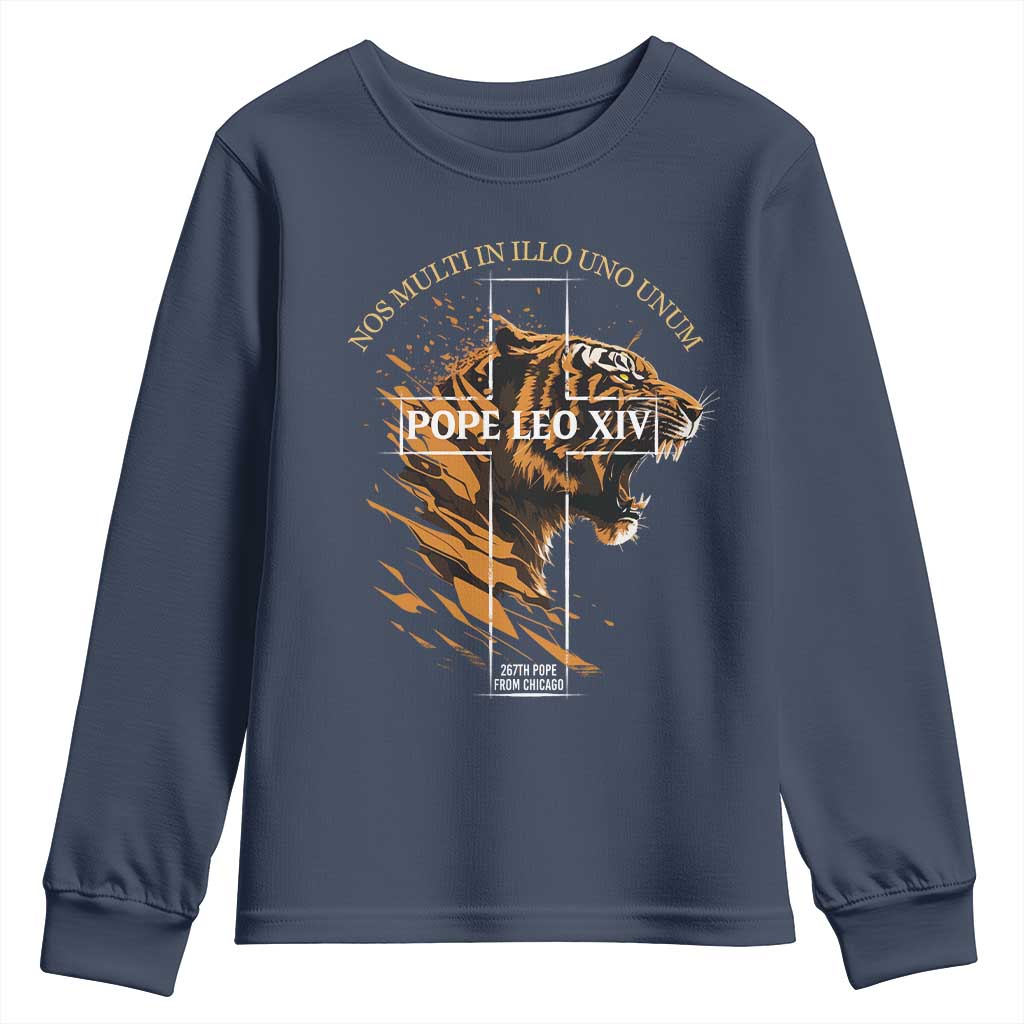 Cardinal Pope Leo XIV Youth Sweatshirt Nos Multi In Illo Uno Unum 267th Pope From Chicago Tiger TS11 Navy Print Your Wear