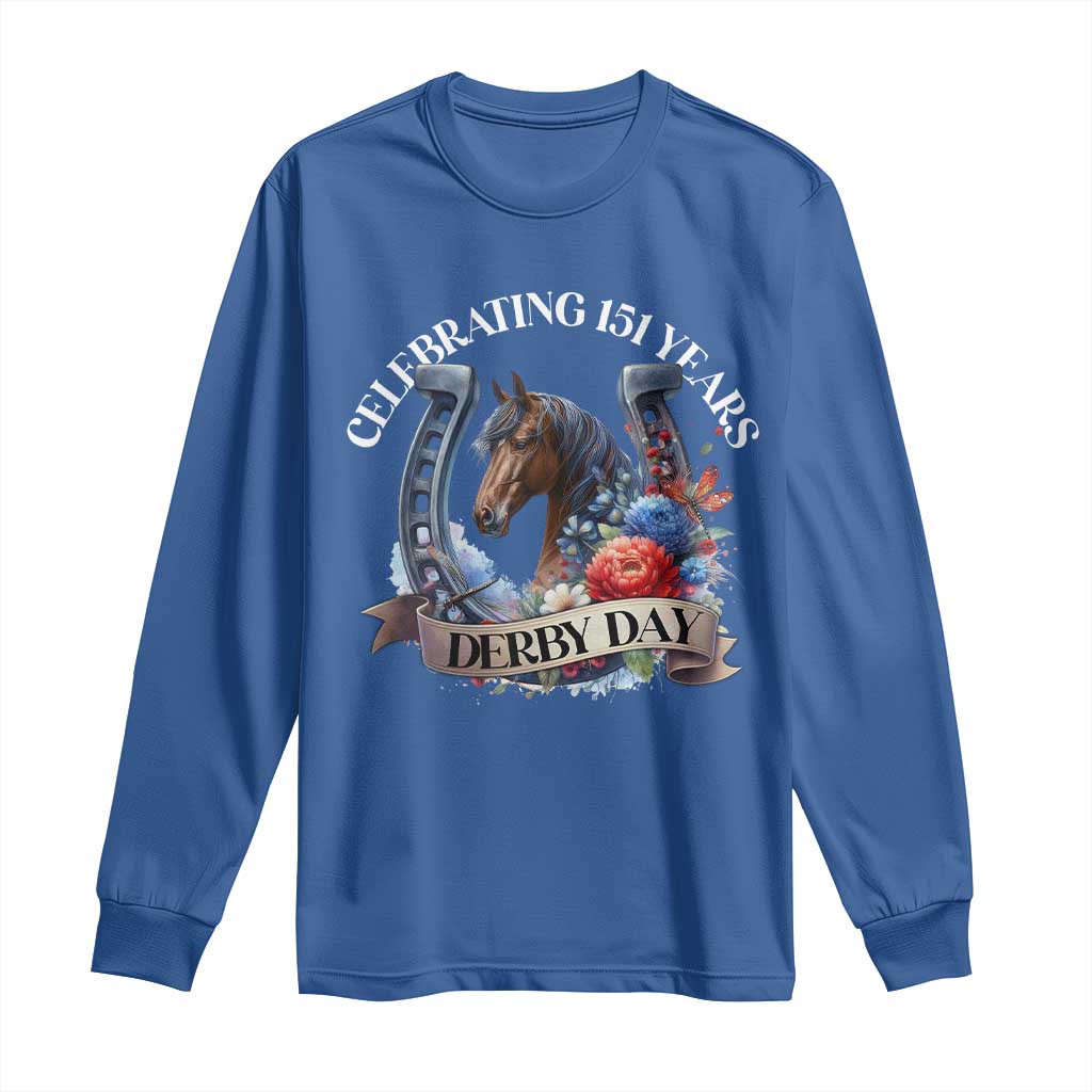 Celebrating 151 Years Derby Day Long Sleeve Shirt Horse Racing Horseshoe Flowers TS11 Royal Blue Print Your Wear