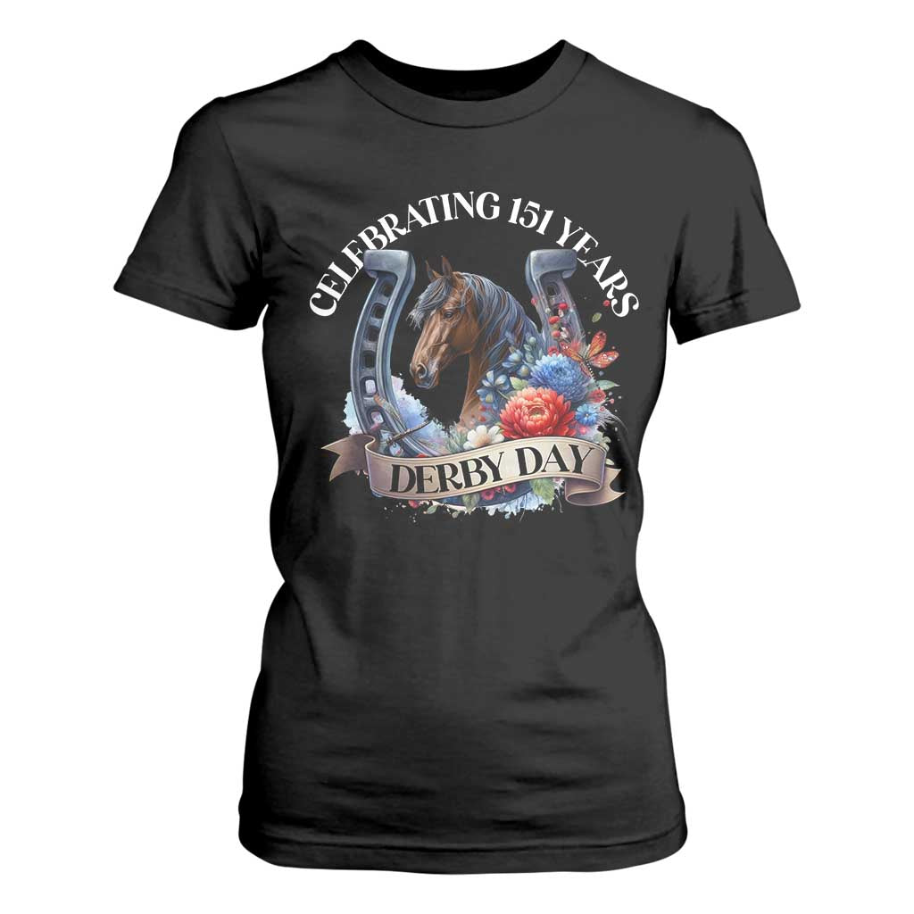 Celebrating 151 Years Derby Day T Shirt For Women Horse Racing Horseshoe Flowers TS11 Black Print Your Wear