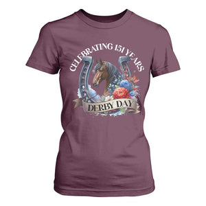 Celebrating 151 Years Derby Day T Shirt For Women Horse Racing Horseshoe Flowers TS11 Maroon Print Your Wear