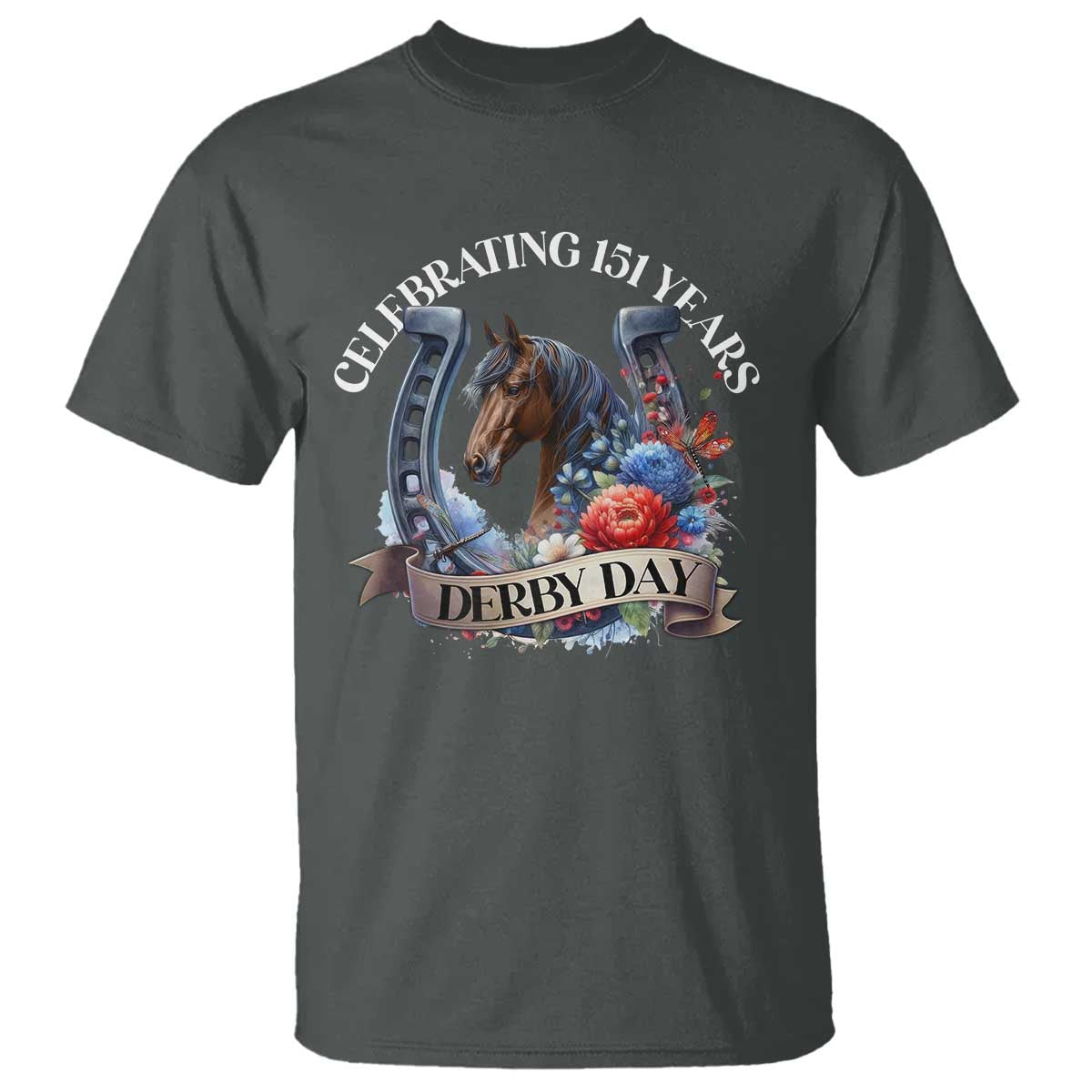 Celebrating 151 Years Derby Day T Shirt Horse Racing Horseshoe Flowers TS11 Dark Heather Print Your Wear