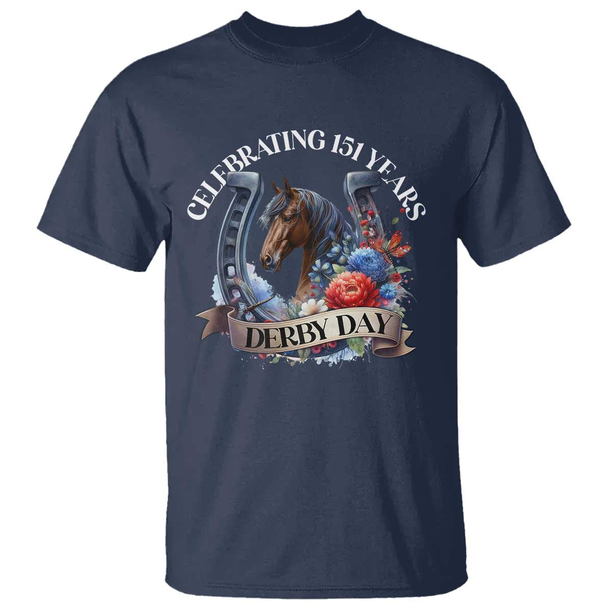 Celebrating 151 Years Derby Day T Shirt Horse Racing Horseshoe Flowers TS11 Navy Print Your Wear